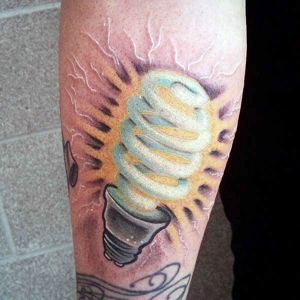Realism style colored arm tattoo of modern bulb