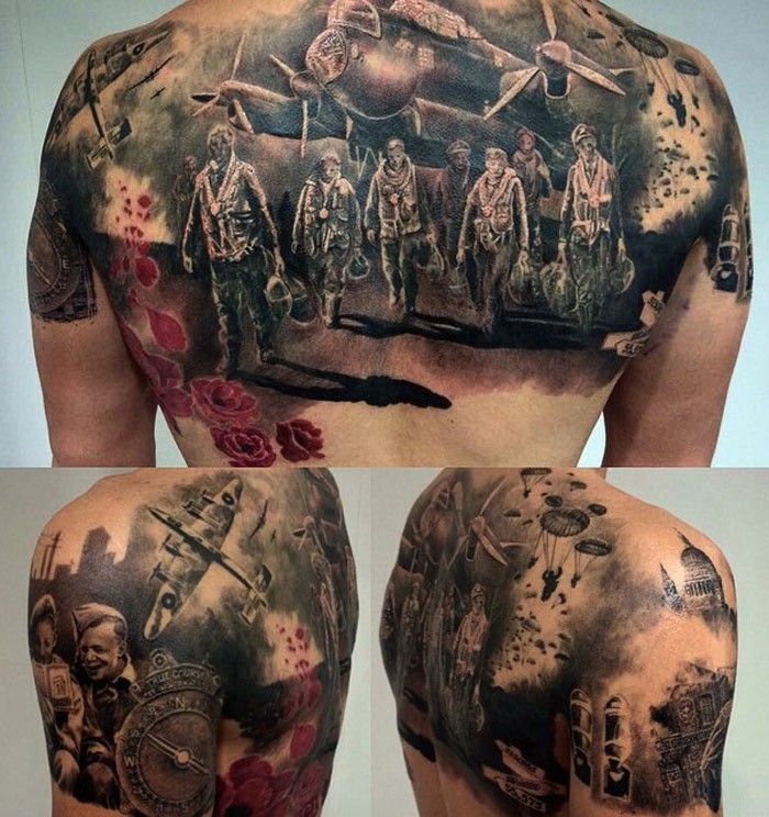 Realism style colored back tattoo of WW2 pilots and big plane
