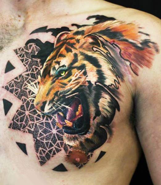 Realism style colored chest tattoo of roaring tiger and ornaments