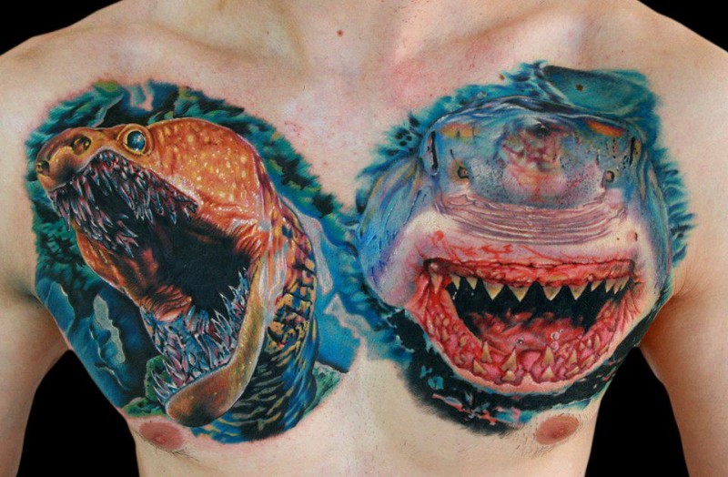 Realism style colored chest tattoo of realistic snake with shark