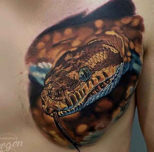 Realism style colored chest tattoo of big snake