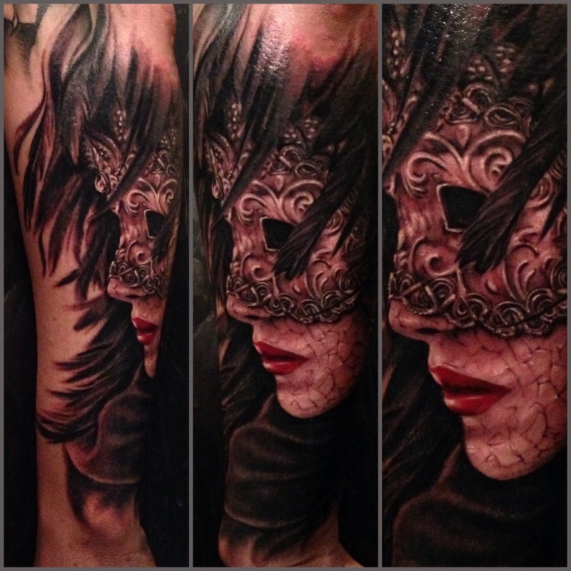 Realism style colored creepy woman tattoo on forearm