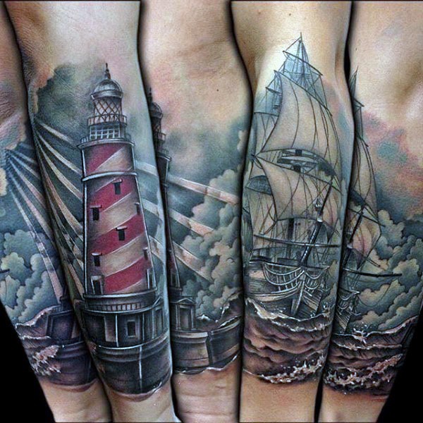 Realism style colored forearm tattoo of lighthouse with sailing ship and waves