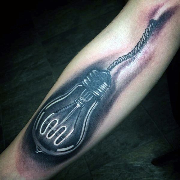 Realism style colored forearm tattoo of bulb with wire