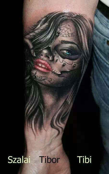Realism style colored forearm tattoo of woman portrait