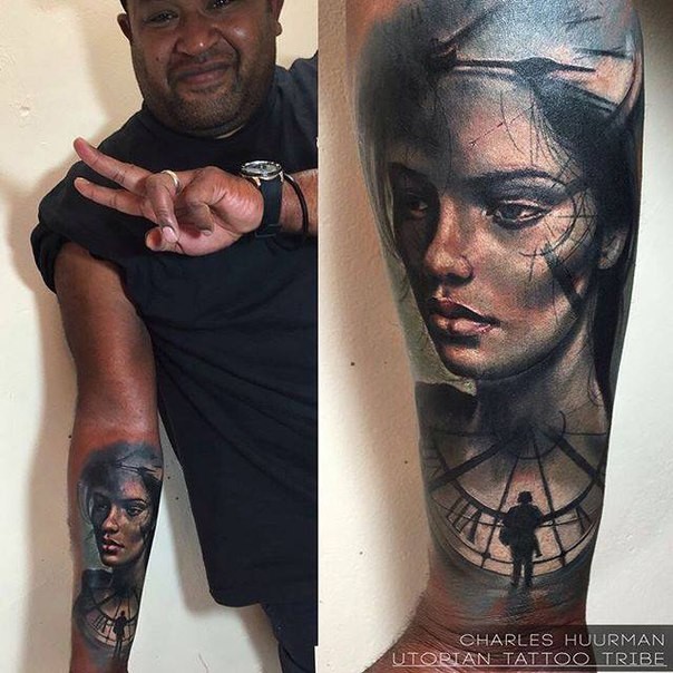Realism style colored forearm tattoo of woman portrait and old clock