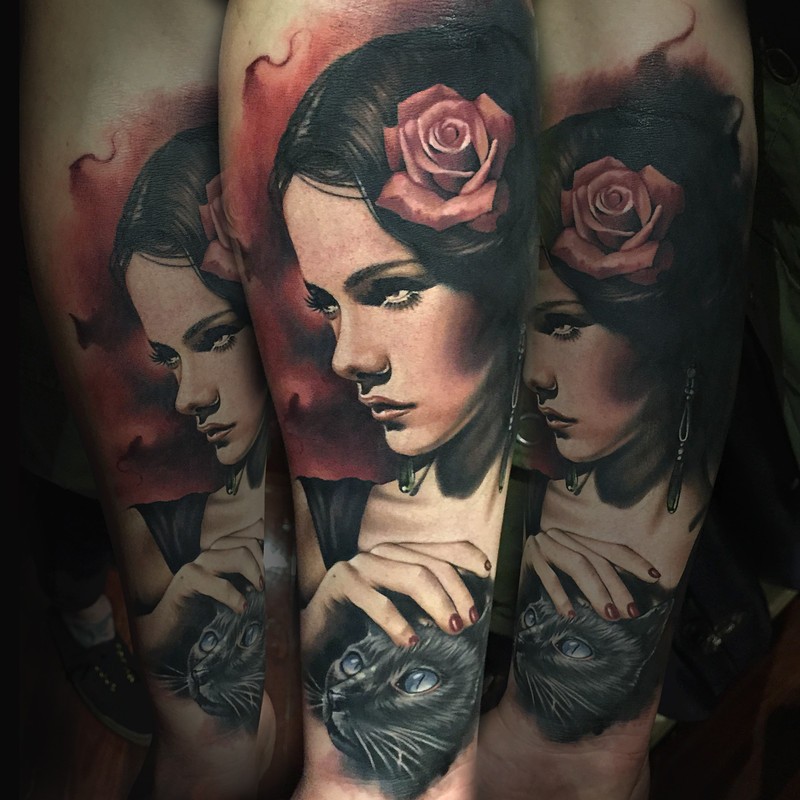 Realism style colored forearm tattoo of beautiful woman with cat