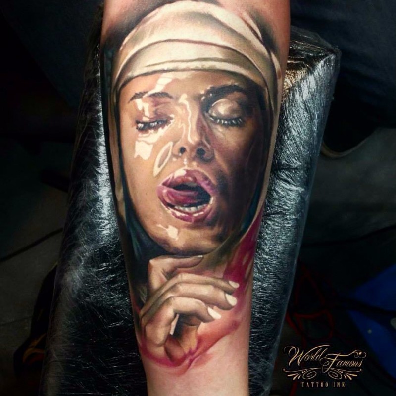 Realism style colored forearm tattoo of seductive woman portrait
