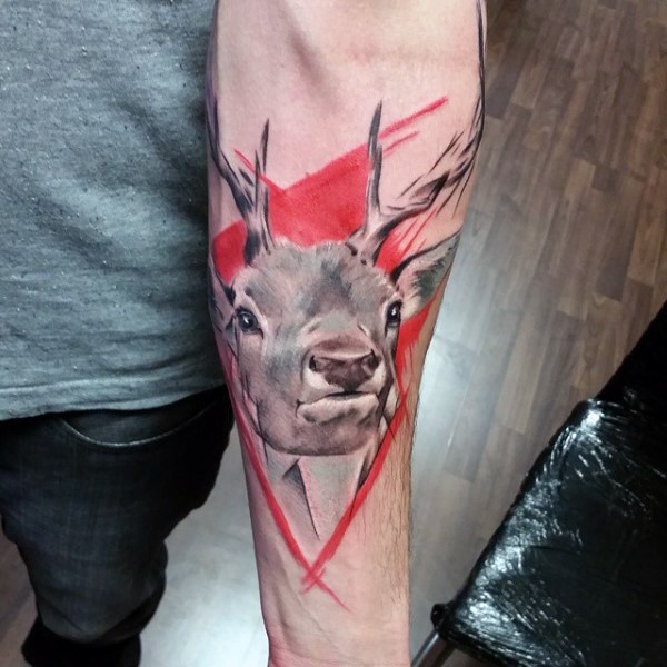 Realism style colored forearm tattoo of deers head