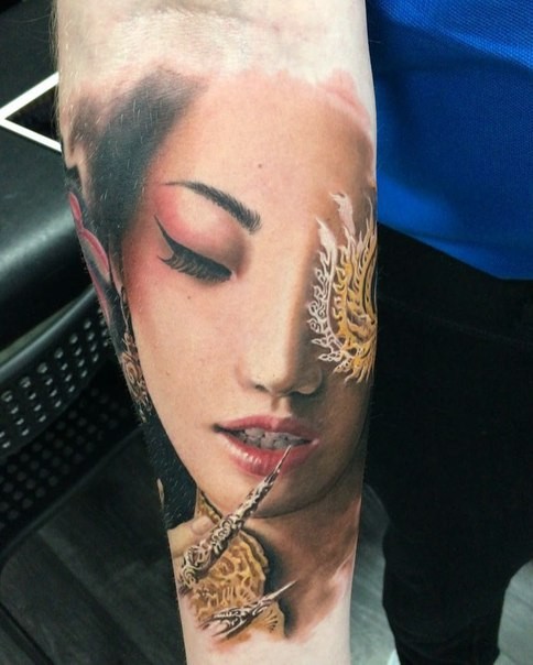 Realism style colored forearm tattoo of Asian geisha