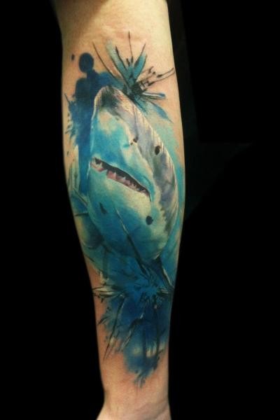 Realism style colored forearm tattoo of big blue shark