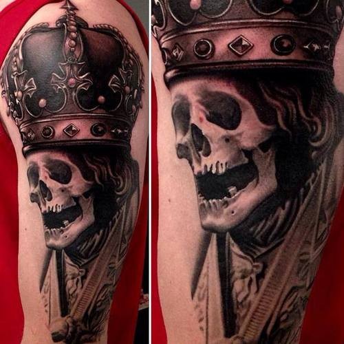 Realism style colored half sleeve tattoo of king skeleton with crown