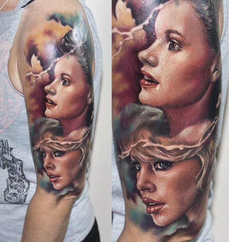 Realism style colored half sleeve tattoo of woman portraits