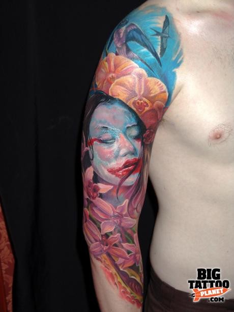 Realism style colored half sleeve tattoo of woman portrait with flowers