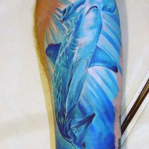 Realism style colored leg tattoo of beautiful hammerhead shark