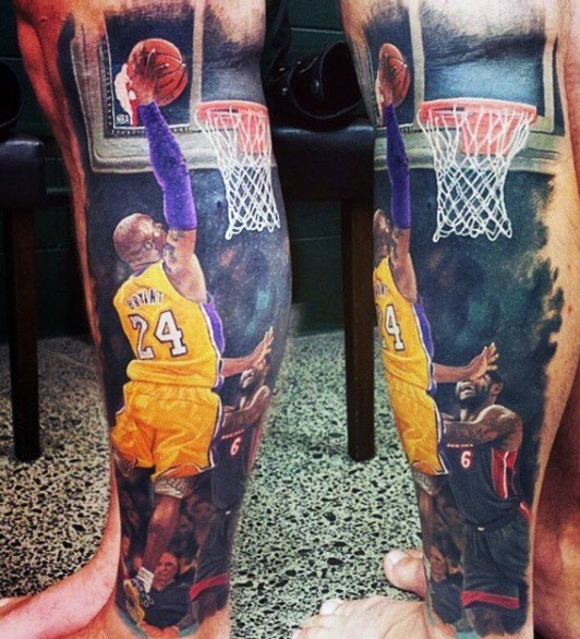Realism style colored leg tattoo of basketball players
