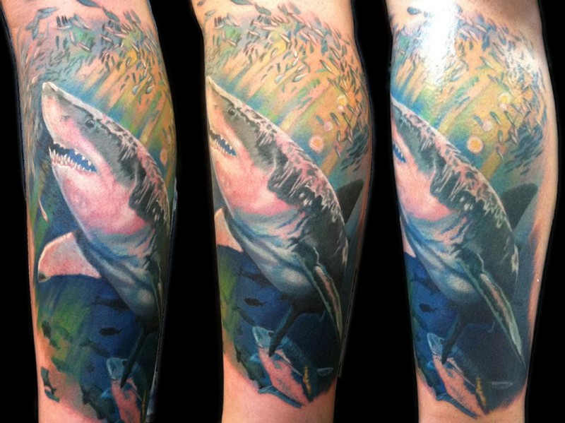 Realism style colored leg tattoo of detailed underwater shark