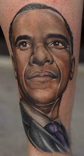 Realism style colored leg tattoo of Barack Obama portrait
