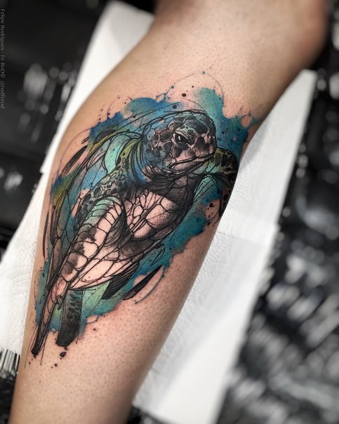 Realism style colored leg tattoo of big turtle