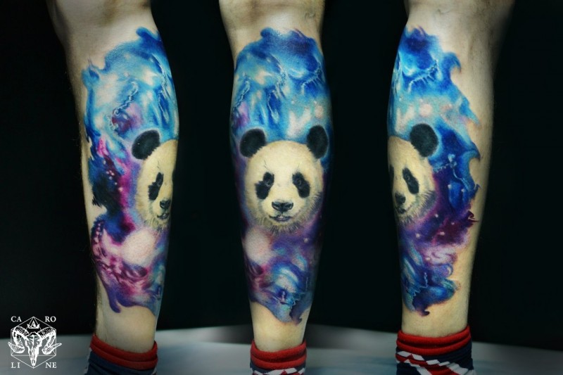 Realism style colored leg tattoo of big Panda bear