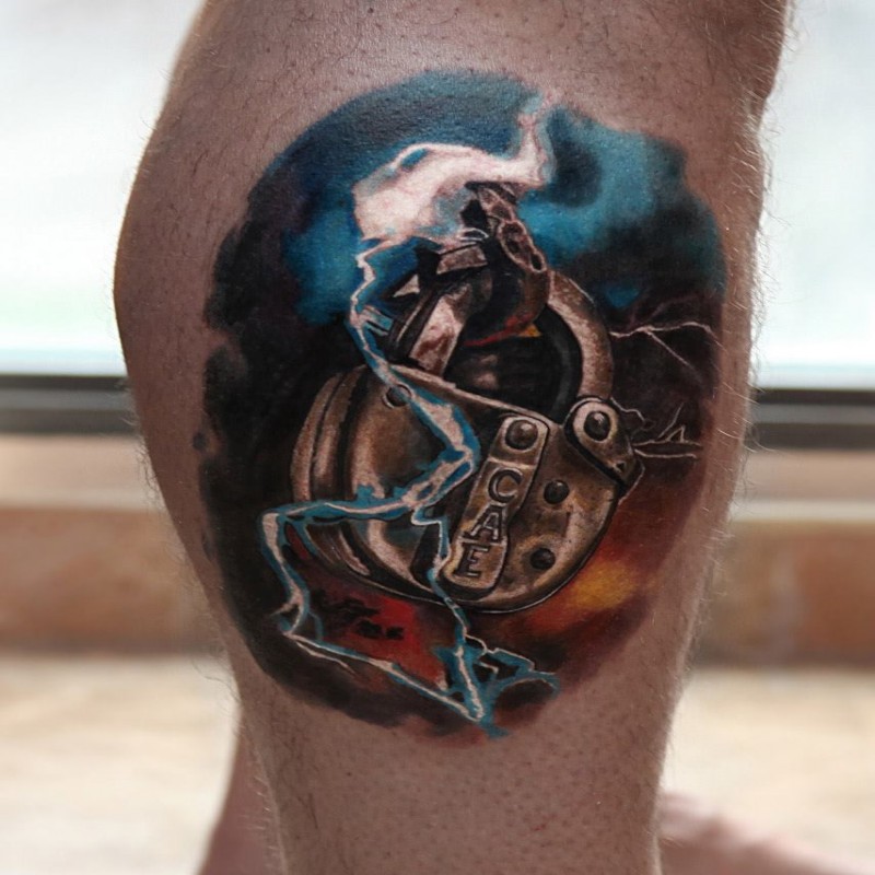 Realism style colored leg tattoo of big lock with lightning