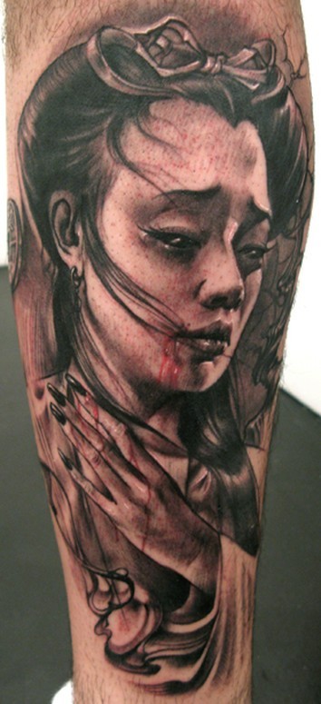 Realism style colored leg tattoo of bloody geisha