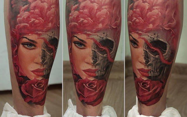 Realism style colored leg tattoo of half woman half skull with rose