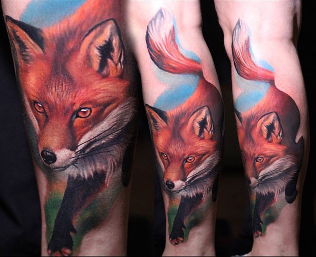 Realism style colored leg tattoo of running fox