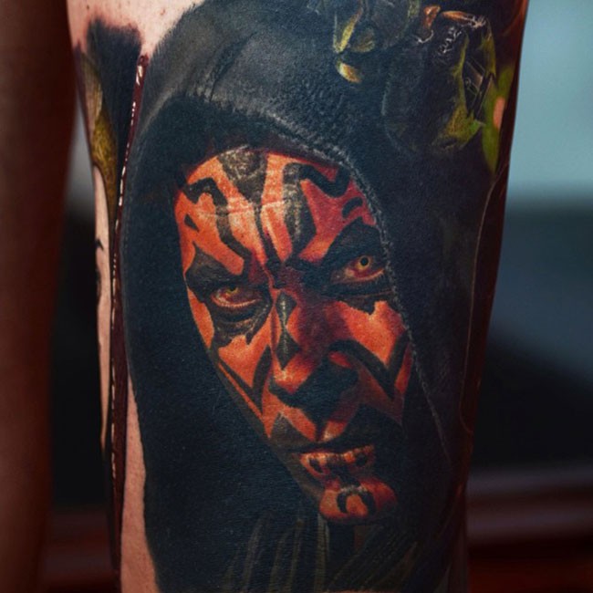 Realism style colored leg tattoo of Star Wars Darth Maul