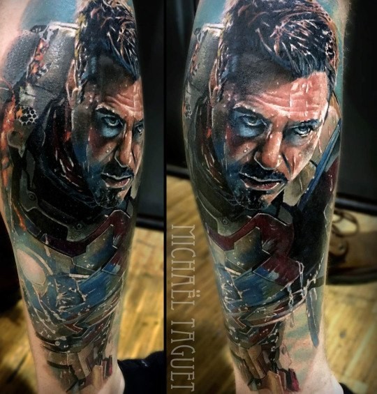 Realism style colored leg tattoo of very detailed Iron Man
