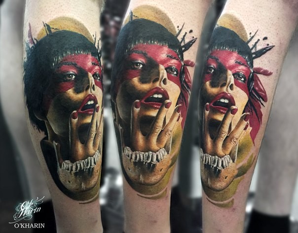 Realism style colored leg tattoo of woman with red eye line