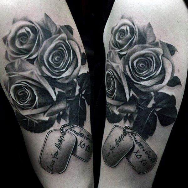 Realism style colored roses with dog tags