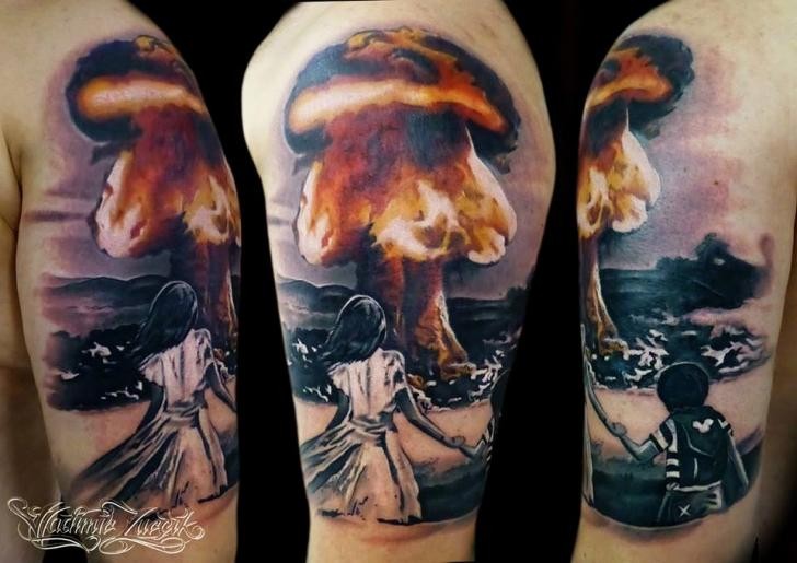 Realism style colored shoulder tattoo of realistic blast with children