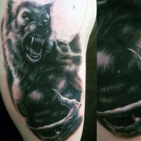 Realism style colored shoulder tattoo of big evil werewolf