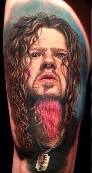 Realism style colored shoulder tattoo of creepy man portrait