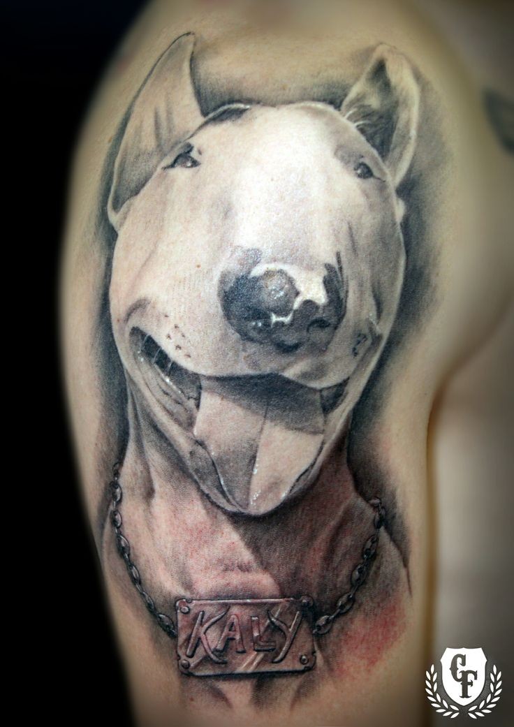 Realism style colored shoulder tattoo of dog portrait with lettering