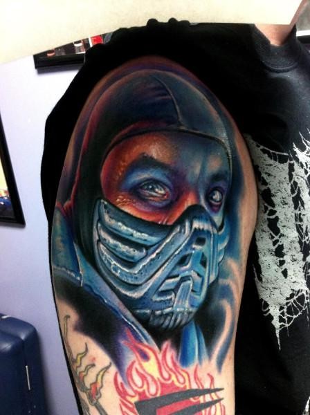 Realism style colored shoulder tattoo of Mortal combat warrior