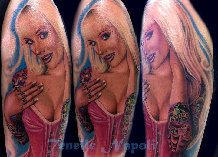 Realism style colored shoulder tattoo of seductive woman