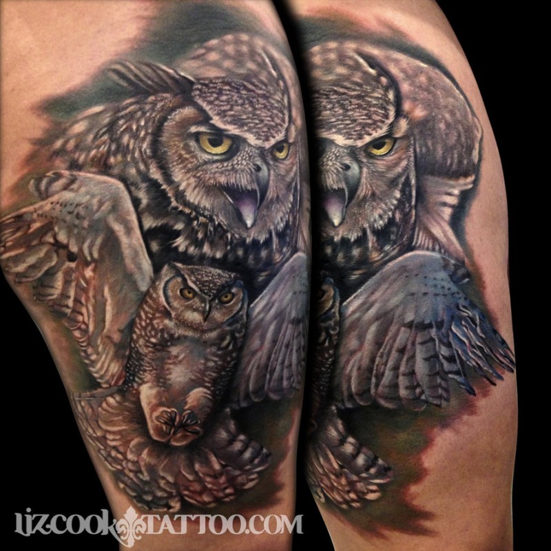 Realism style colored shoulder tattoo of flying owl
