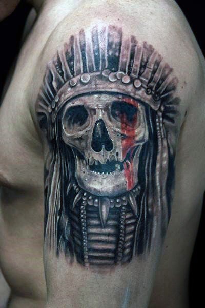 Realism style colored shoulder tattoo of Indian skull with red line