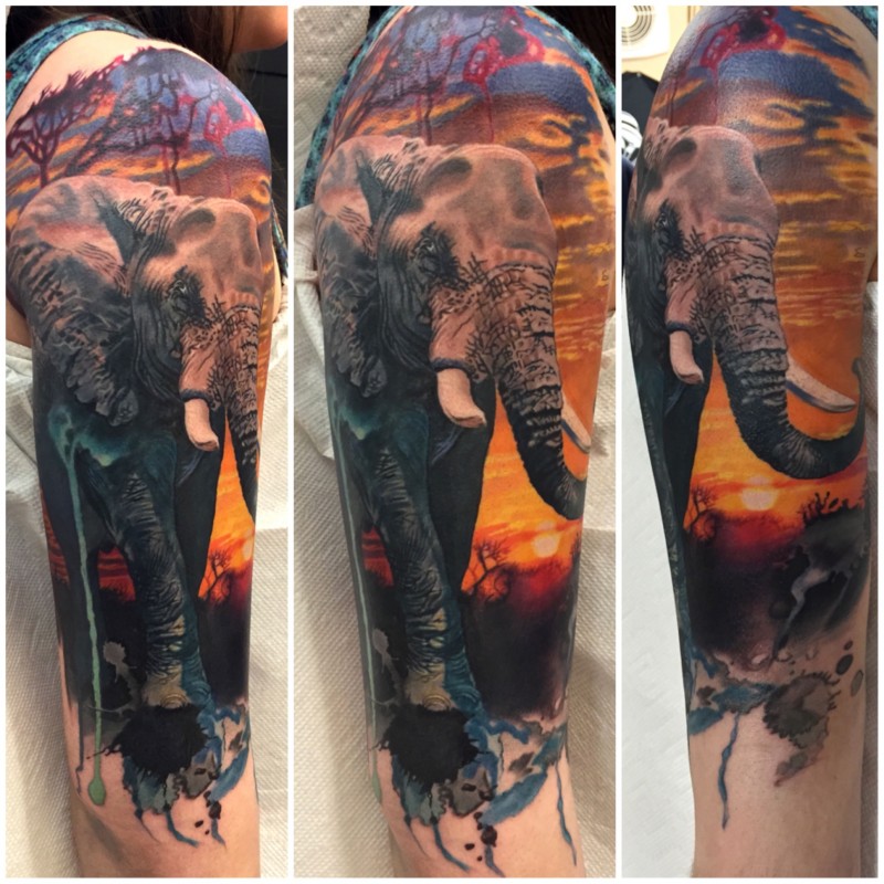 Realism style colored shoulder tattoo of big elephant in desert
