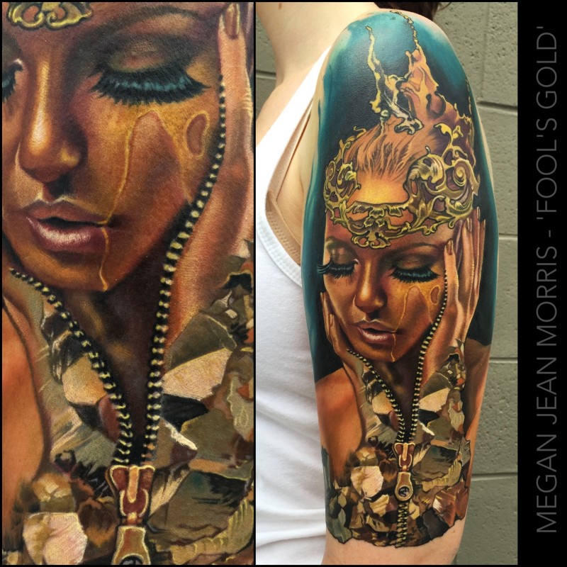 Realism style colored shoulder tattoo of woman with crown and zipper