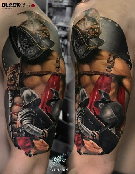 Realism style colored shoulder tattoo of ancient Gladiator