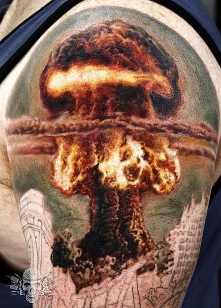 Realism style colored shoulder tattoo of large nuke blast