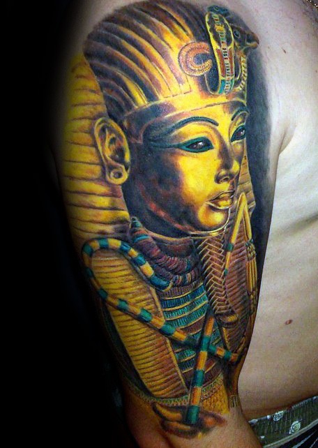 Realism style colored shoulder tattoo of Egypt statue
