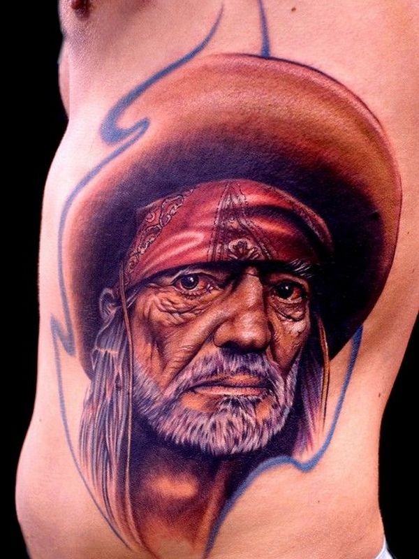 Realism style colored side tattoo of Mexican old man in hat
