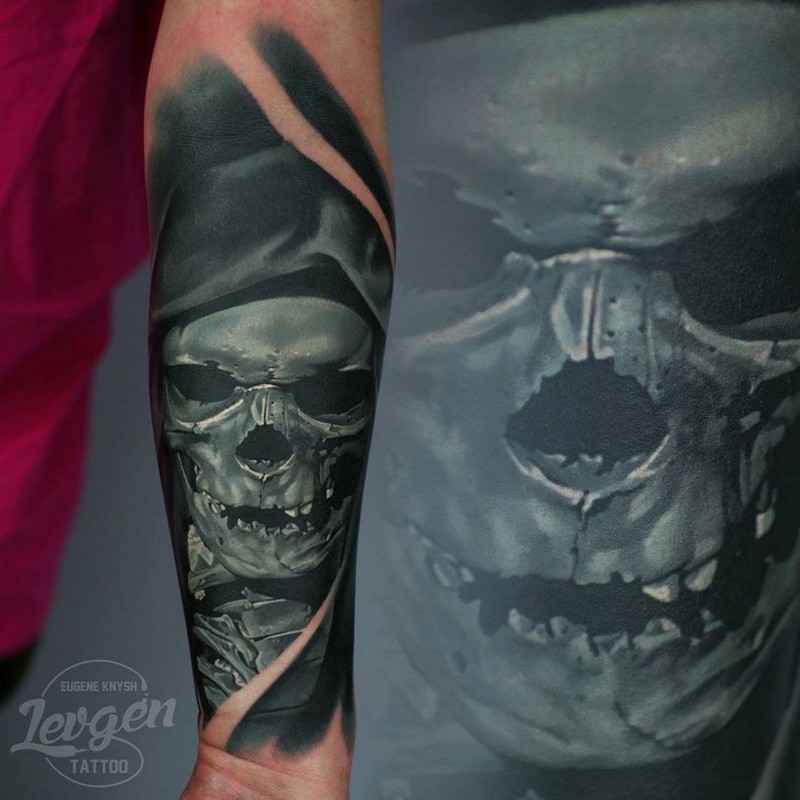 Realism style  colored skull with hood