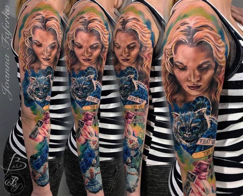 Realism style colored sleeve tattoo of woman face with creepy cat and lettering