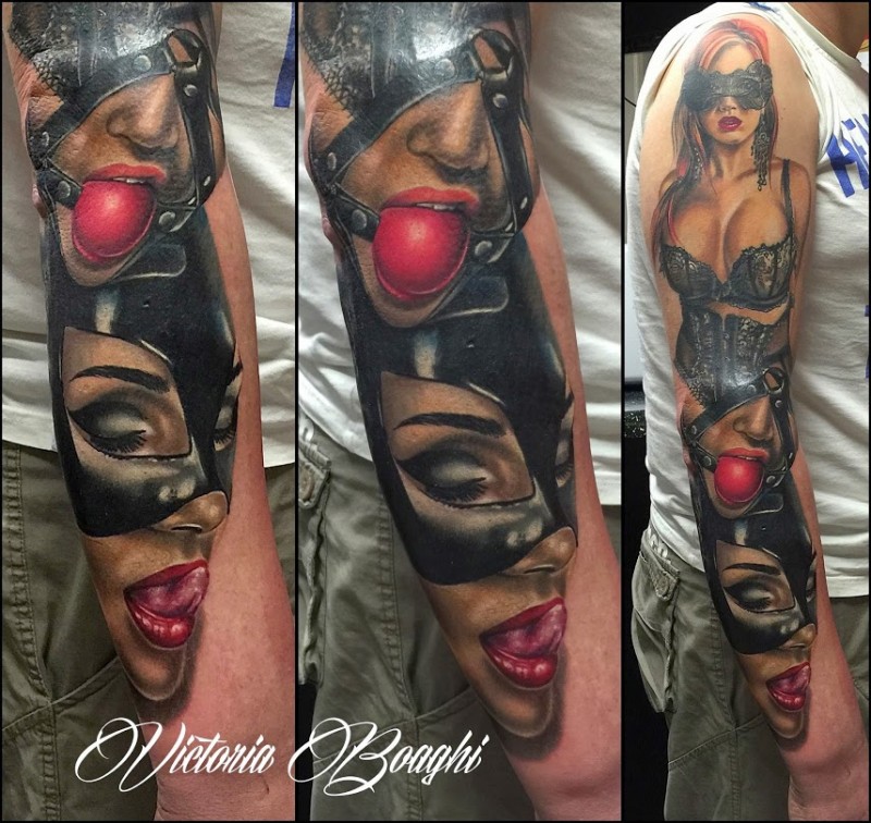 Realism style colored sleeve tattoo of sexy woman in leather suit