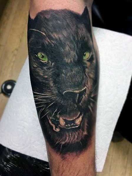 Realism style colored tattoo of black panther